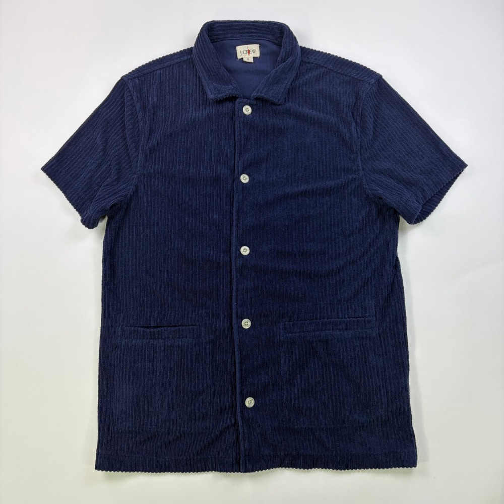 J.Crew Oarsman Terry Cloth Cabana Shirt Mens Small Navy Short Sleeve Button Up